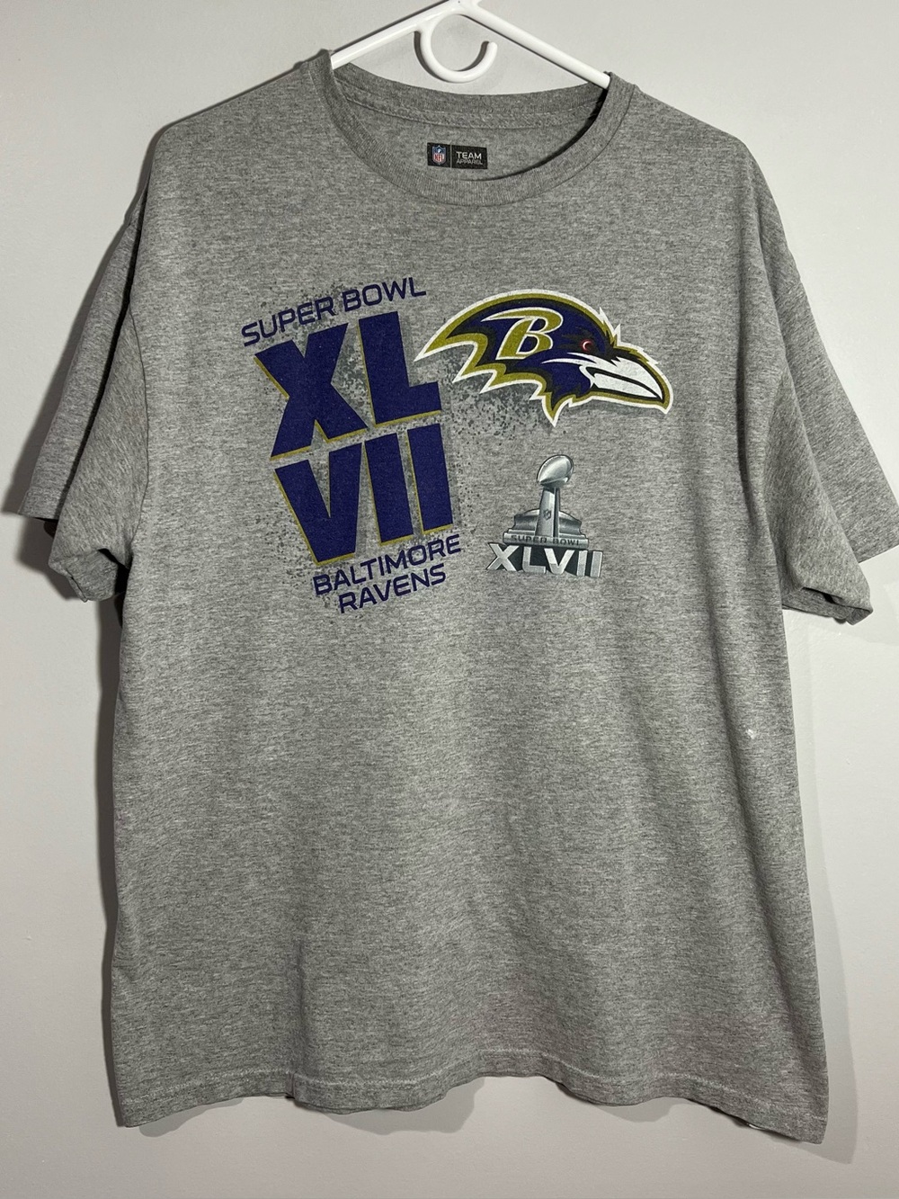 NFL Baltimore Ravens Super Bowl XLVII 47 Gray Short Sleeve T-Shirt Mens XL